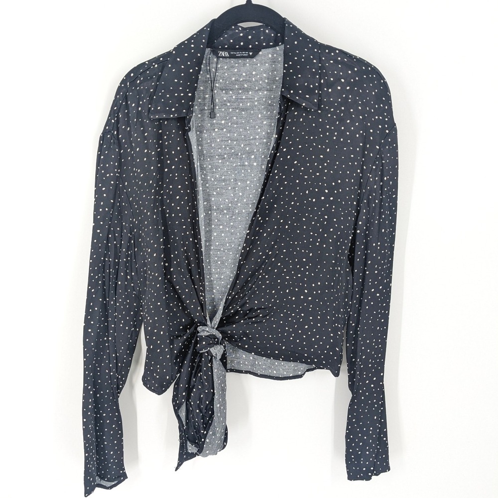Zara Top Womens XL Black White Polka Dot Long Sleeve Tie Front Blouse Crop Y2K